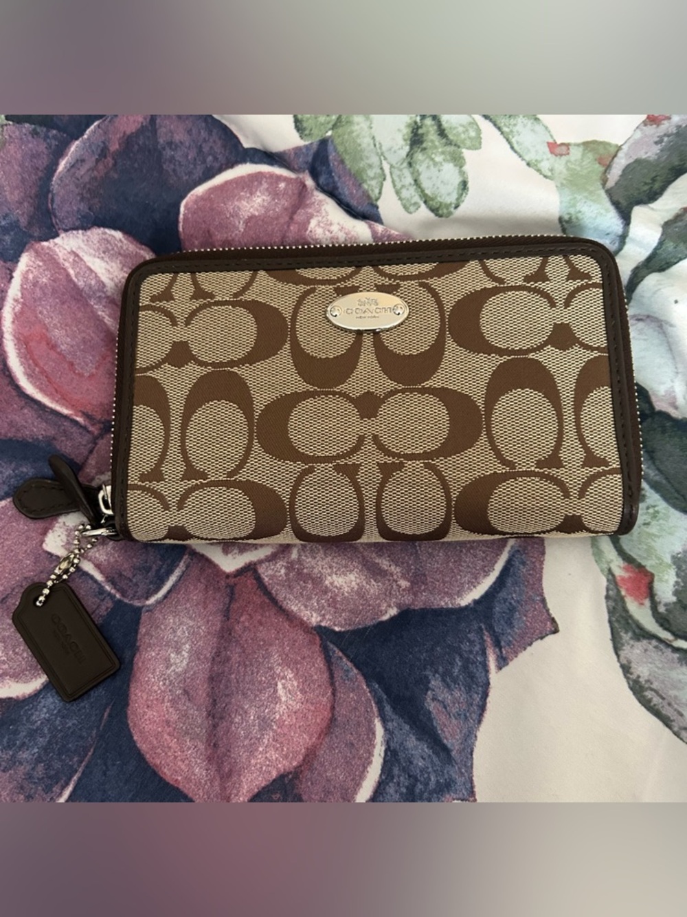 Brown Leather and Canvas Coach Wallet with Silver Accents BNWOT
